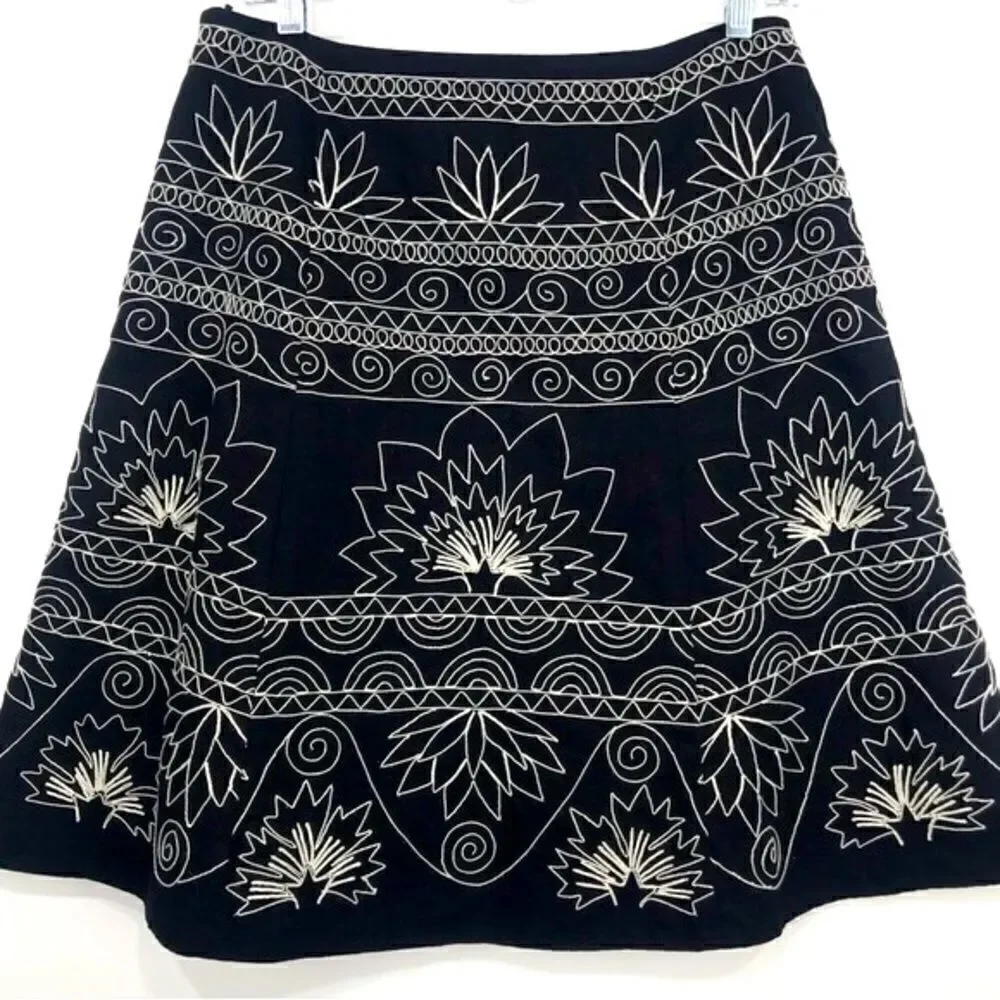Talbots Black White Embroidered Stitch A Line Bohemian Skirt